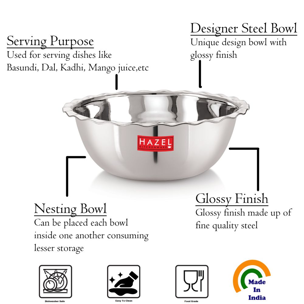 HAZEL Stainless Steel Serving Bowl Wati Vati Katori, 19 cm, 1000 ML, Silver