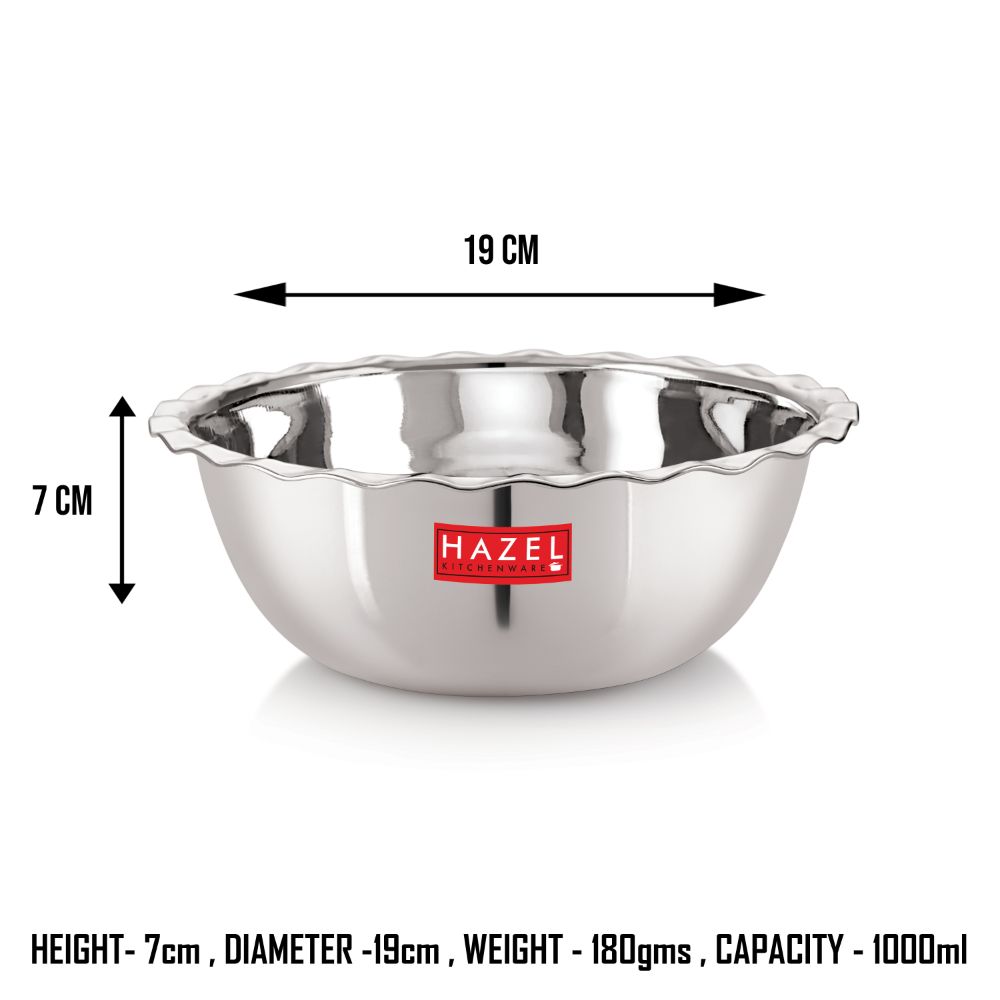 HAZEL Stainless Steel Serving Bowl Wati Vati Katori, 19 cm, 1000 ML, Silver