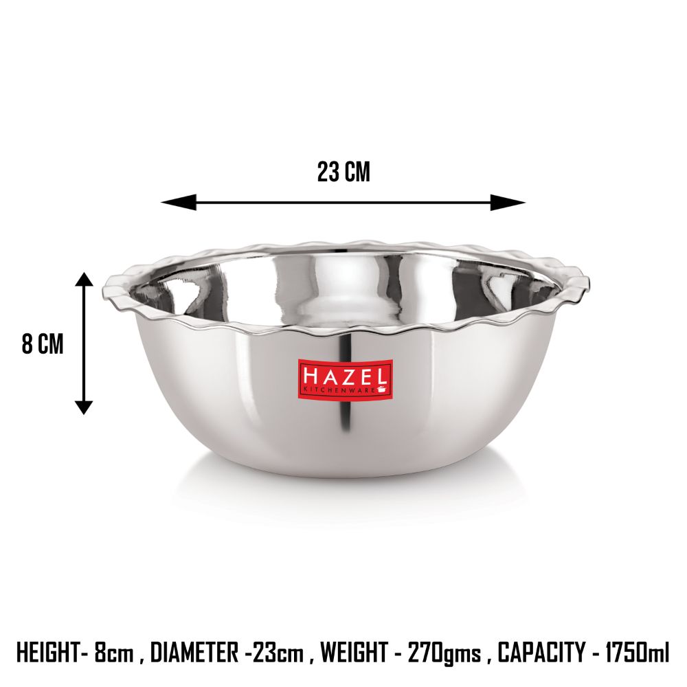 HAZEL Stainless Steel Serving Bowl Wati Vati Katori, 23 cm, 1750 ML, Silver