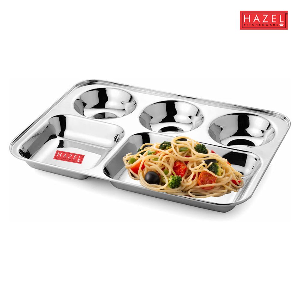 HAZEL Stainless Steel Compartment Mess Plate | Steel Rectangle Bhojan Thali with Round Holes, Set of 1
