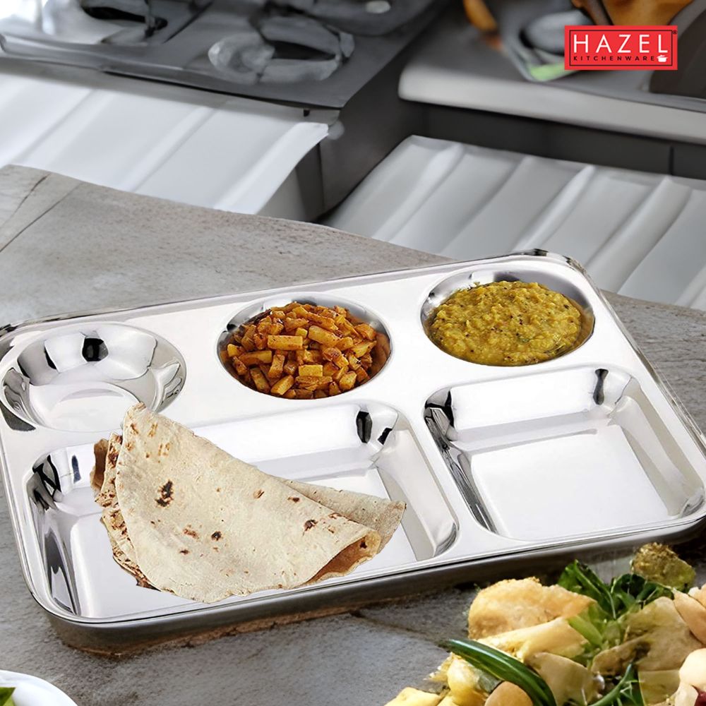 HAZEL Stainless Steel Compartment Mess Plate | Steel Rectangle Bhojan Thali with Round Holes, Set of 1