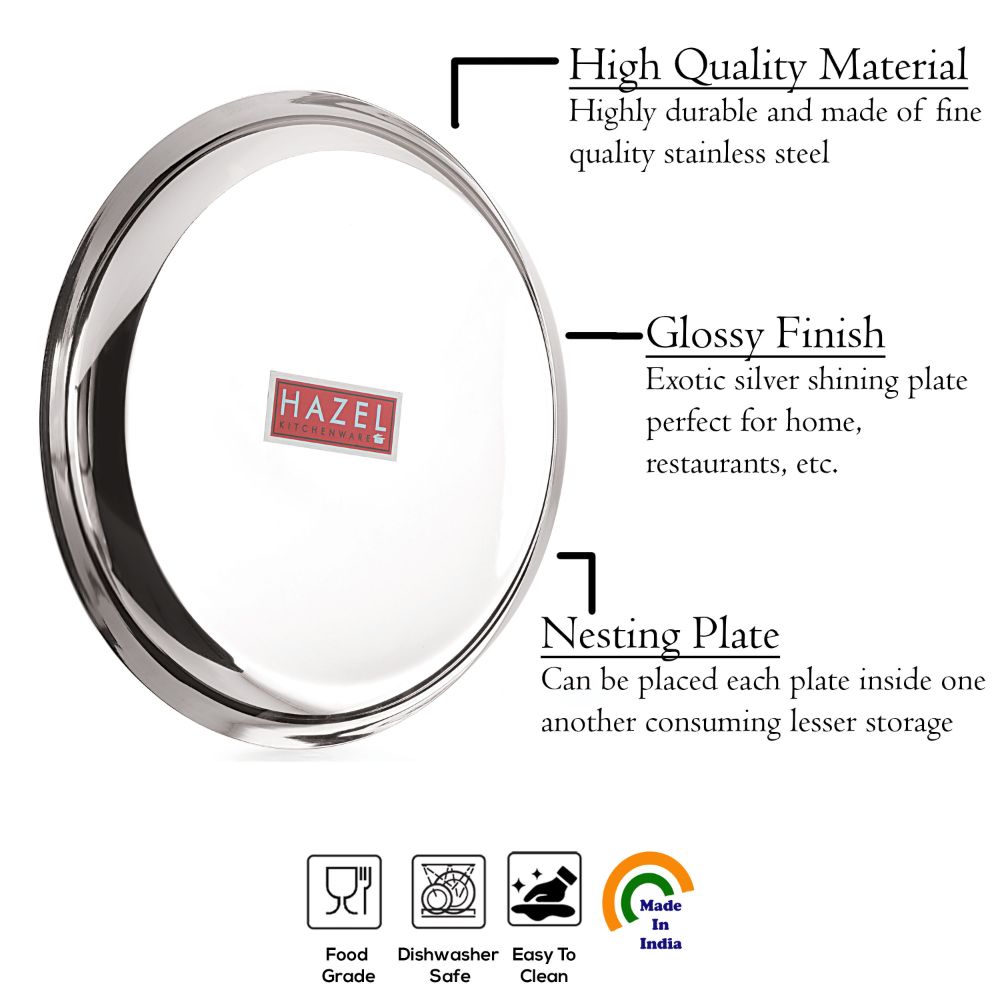 HAZEL Steel Plates For Lunch |Plates Set Steel For Dinner | Steel Dinner Plates Set, 26.8 cm