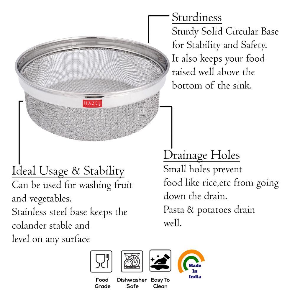 HAZEL Stainless Steel Strainer Basket Without Handle | Steel Fruits Basket | Vegetable Basket for Kitchen | Washer Colander Sieve For Kitchen | 21.5 cm