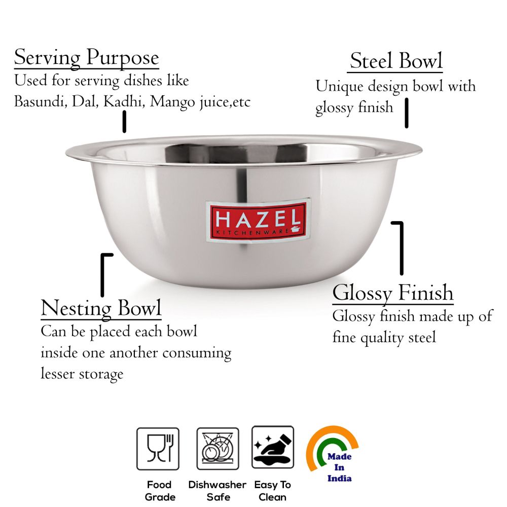 HAZEL Mixing Bowl For Cake Batter | Big Mixing Bowl Stainless Steel | Mixing & Serving Steel Bowl Big Size 2100 ml