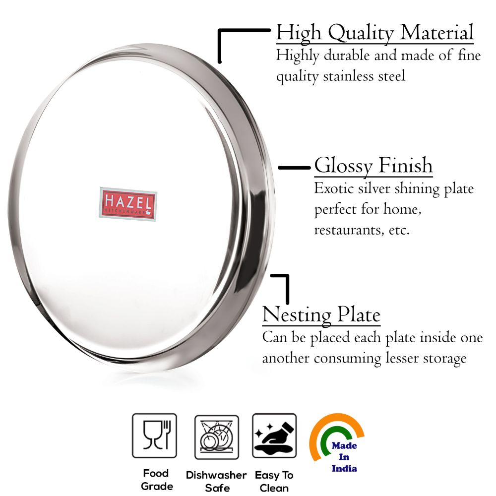 HAZEL Stainless Steel Plates Set | Premium Mirror Finish Thali Set Stainless Steel | Heavy Gauge Steel Plates Set For Dinner & Lunch Set of 1, 25.5 cm
