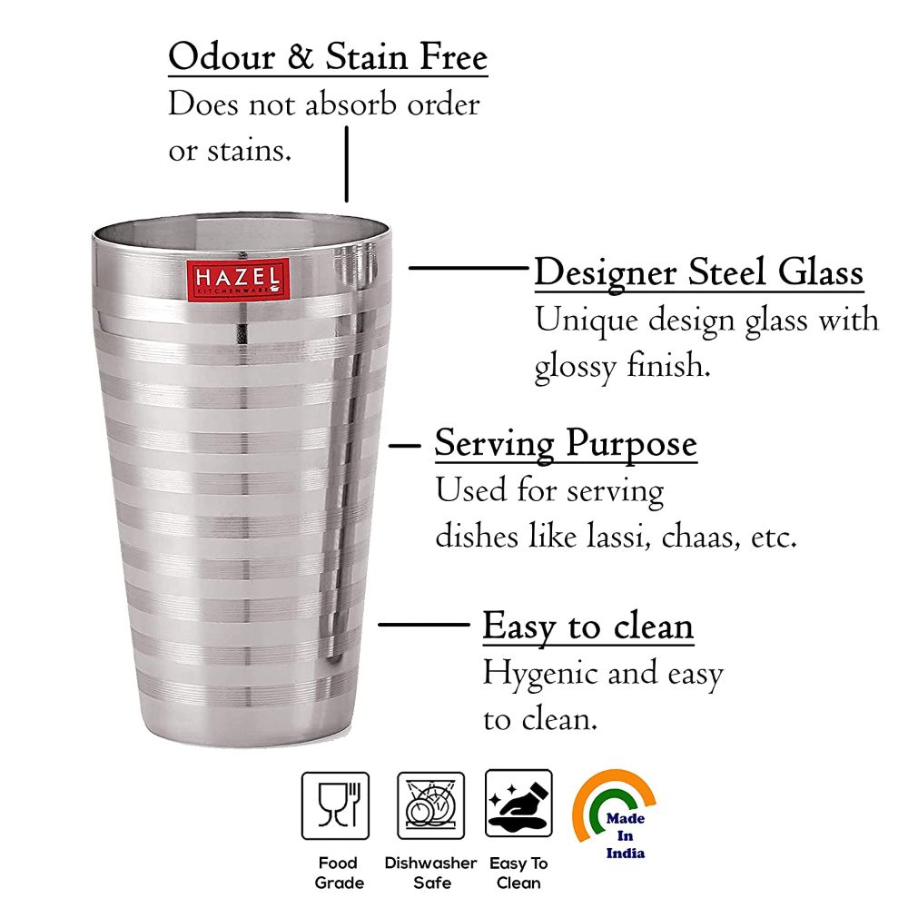 HAZEL Stainless Steel Big Glass for Lassi with Stripped Designed Traditional Shape