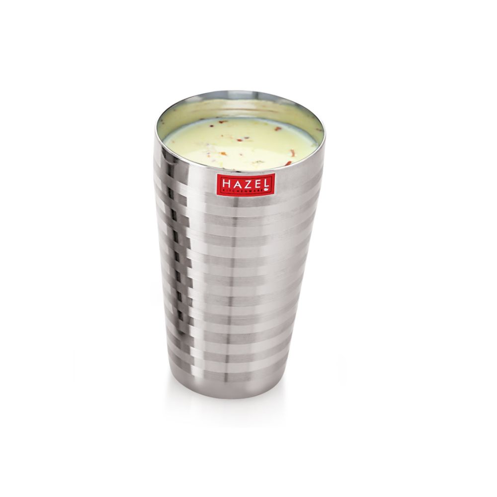 HAZEL Stainless Steel Big Glass for Lassi with Stripped Designed Traditional Shape