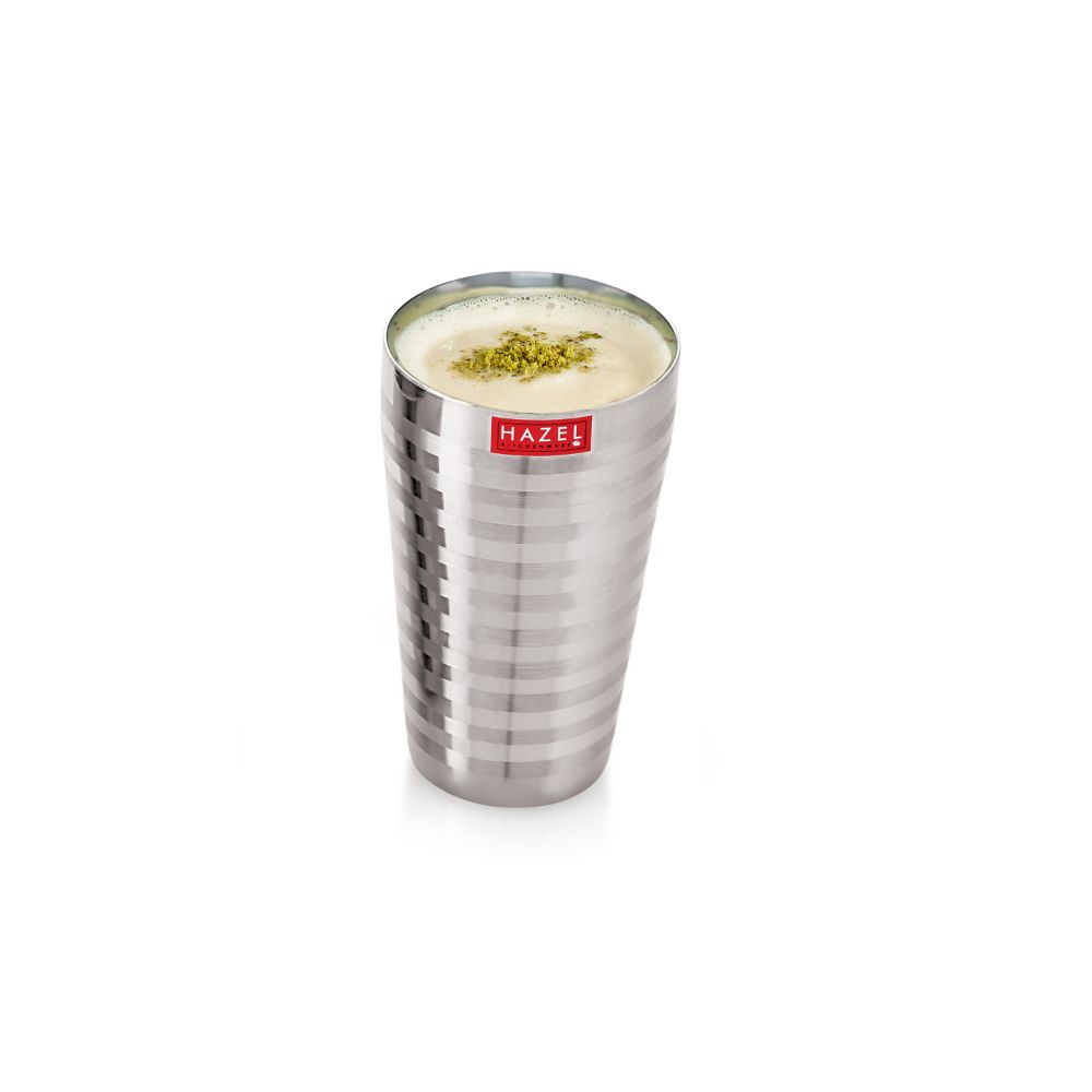 HAZEL Stainless Steel Big Glass for Lassi with Stripped Designed Traditional Shape