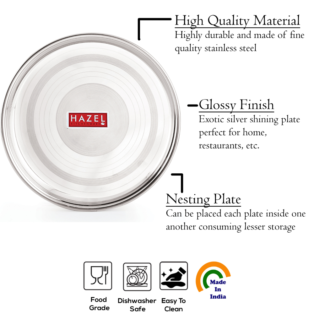 HAZEL Designer Stainless Steel Dinner Lunch Plate Bhojan Thali, Large, 6 Pcs Set