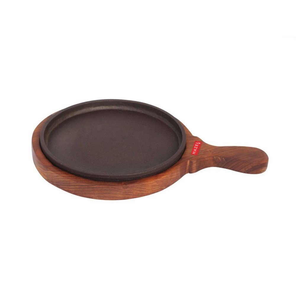 HAZEL Sizzling Brownie Sizzler Plate with Wodden Racket & Iron PlateRound, 31 cm, 2 piece set, Brown & black