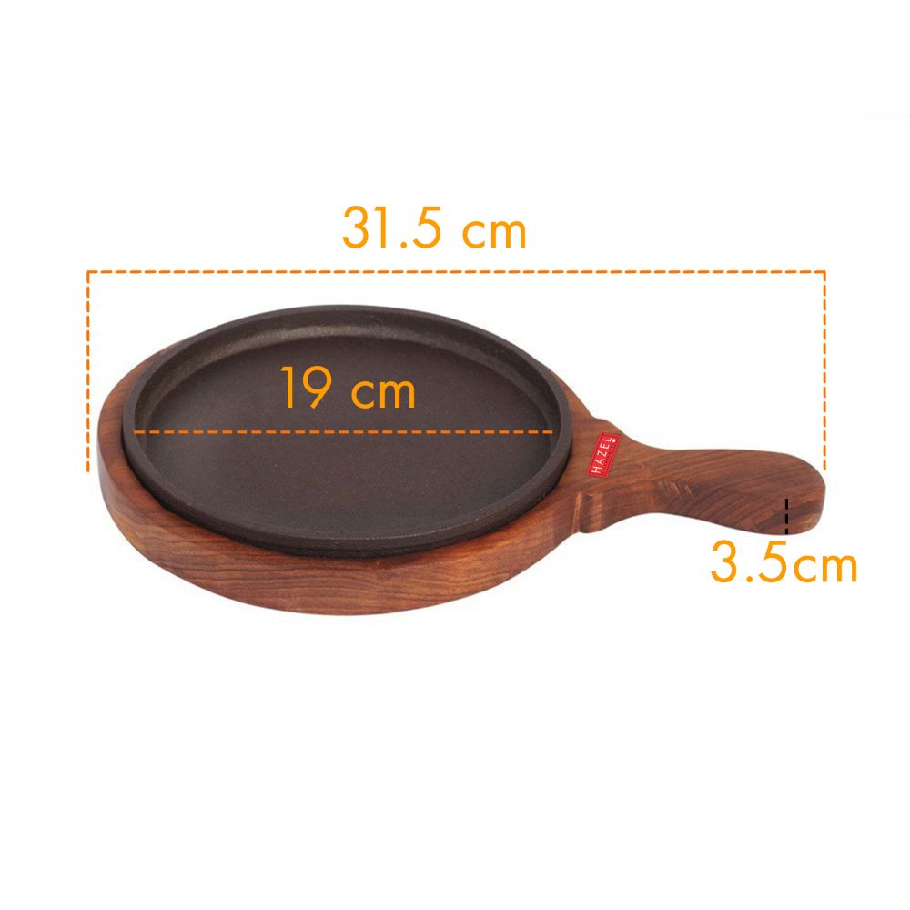 HAZEL Sizzling Brownie Sizzler Plate with Wodden Racket & Iron PlateRound, 31 cm, 2 piece set, Brown & black