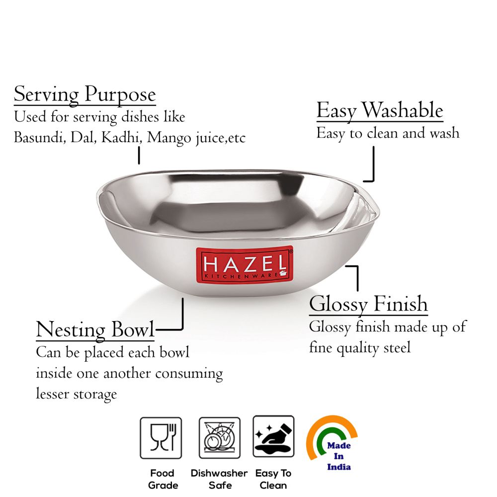 HAZEL Steel Dessert Silver Plate |Square Shaped Steel Plate for Snacks, Breakfast | Stainless Steel Katori | 260 ml each, Silver