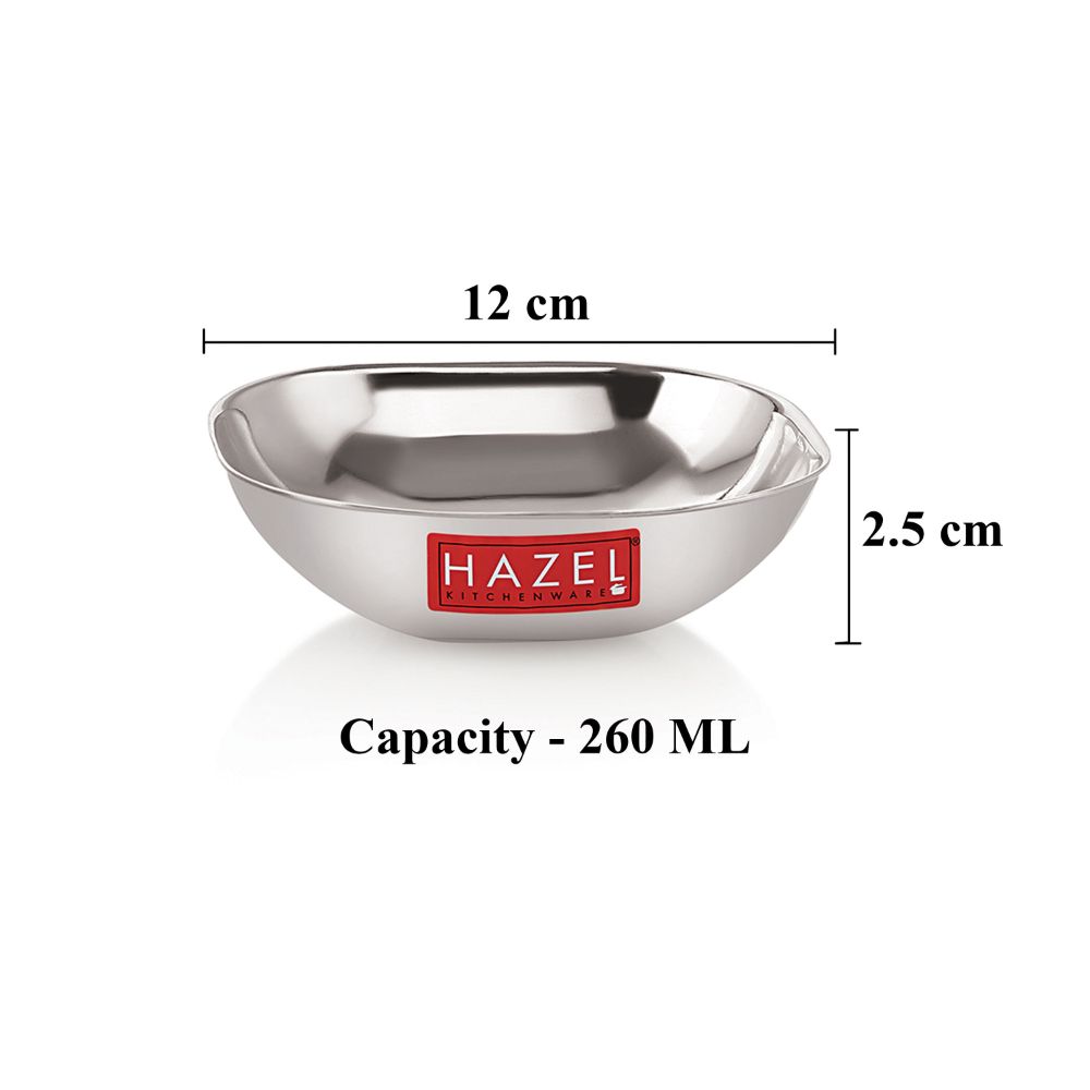 HAZEL Steel Dessert Silver Plate |Square Shaped Steel Plate for Snacks, Breakfast | Stainless Steel Katori | 260 ml each, Silver