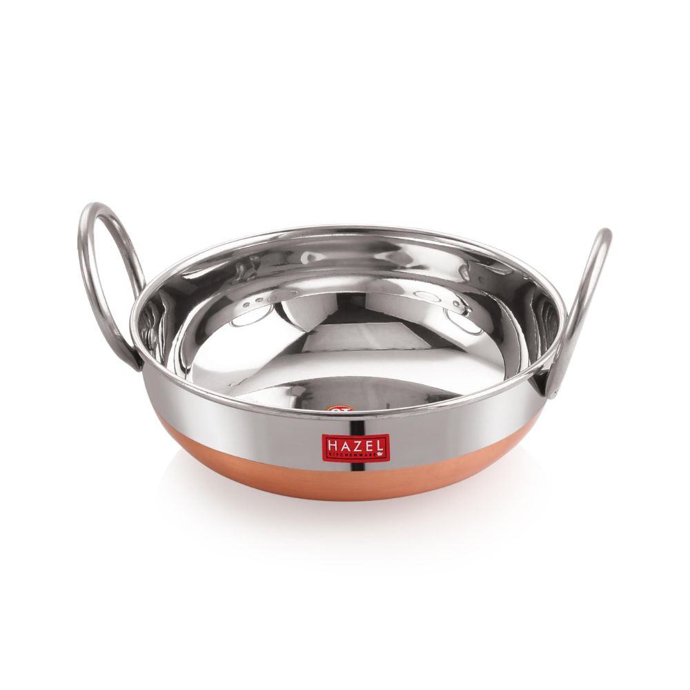 HAZEL Stainless Steel Kadai with Copper Bottom | Premium Heavy Gauge Steel Kadai | Alfa Range Kadhai Steel Stainless | 1 Liter, Silver and Coppper