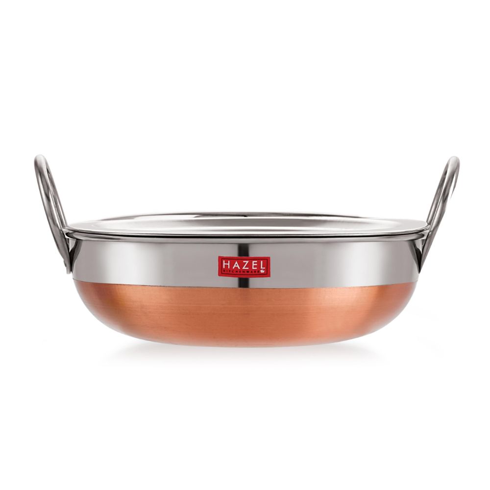 HAZEL Stainless Steel Kadai with Copper Bottom | Premium Heavy Gauge Steel Kadai | Alfa Range Kadhai Steel Stainless | 1 Liter, Silver and Coppper