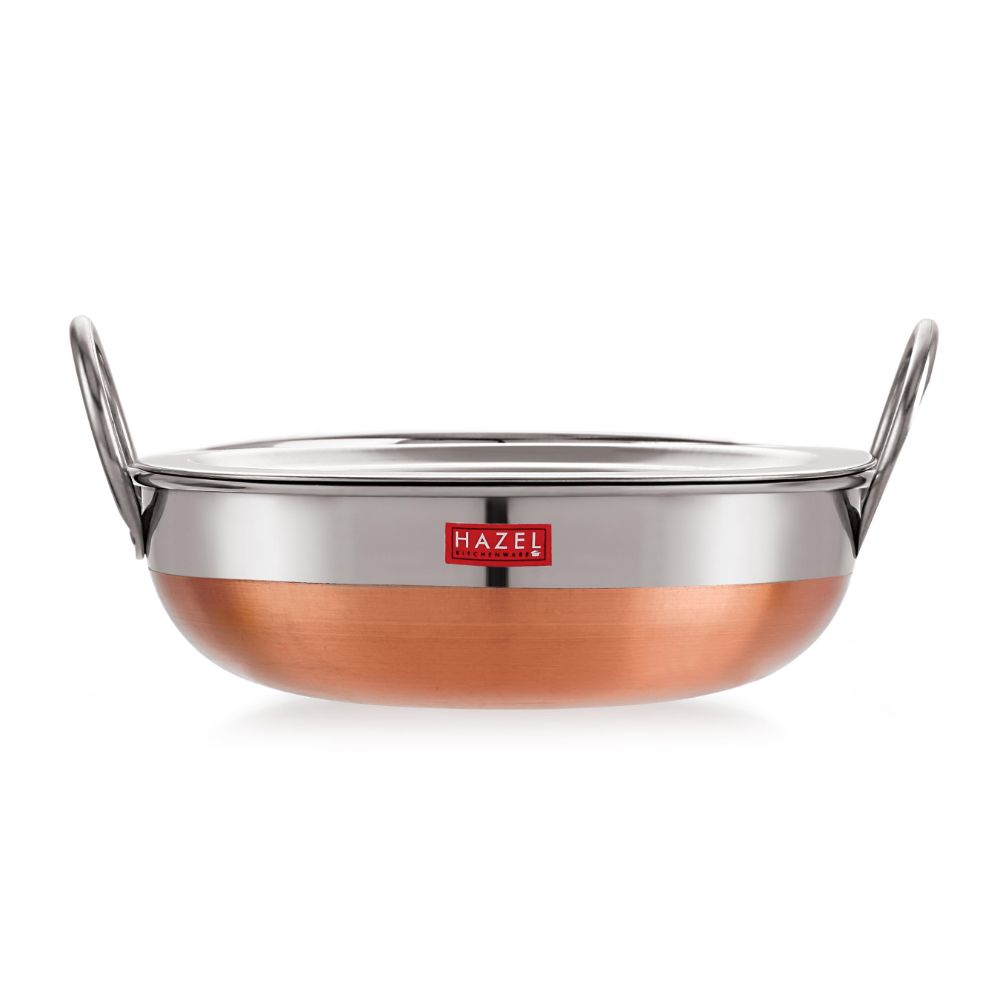 HAZEL Stainless Steel Kadai with Lid | Copper Bottom Utensil, Capacity of 1.5 LTR I 18 Gauge Vessel, Silver & Copper I Ideal for Daily Use