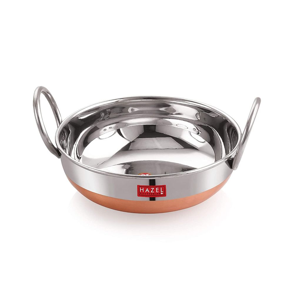 HAZEL Stainless Steel Kadai with Copper Bottom | Premium Heavy Gauge Steel Kadai | Alfa Range Kadhai Steel Stainless | 1.8 Liter, Silver and Coppper