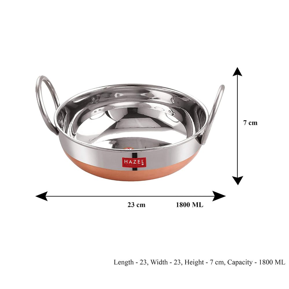 HAZEL Stainless Steel Kadai with Copper Bottom | Premium Heavy Gauge Steel Kadai | Alfa Range Kadhai Steel Stainless | 1.8 Liter, Silver and Coppper