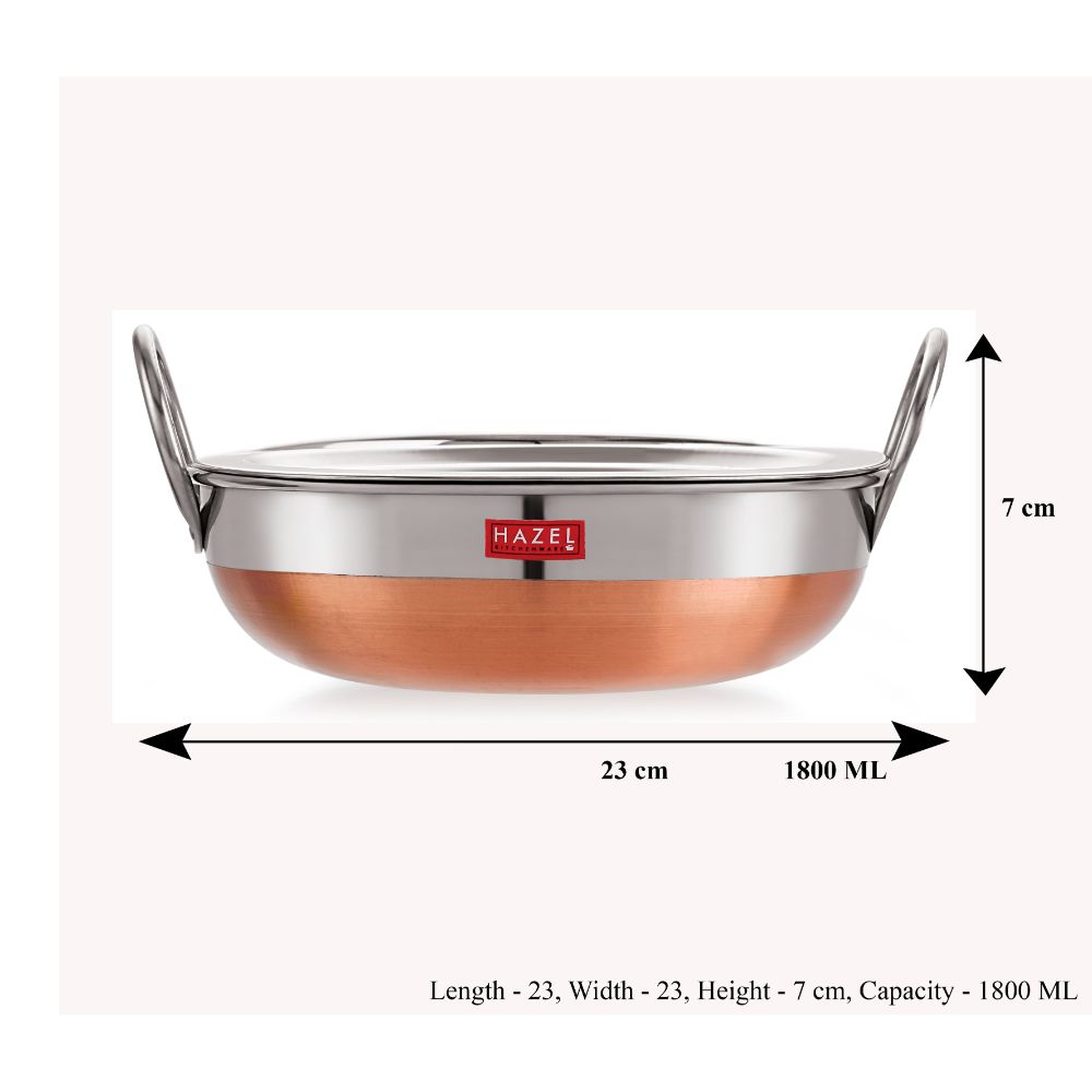 HAZEL Stainless Steel Kadai with Lid | Copper Bottom Utensil, Capacity of 1800 ml I 18 Gauge Vessel, Silver & Copper I Ideal for Daily Use