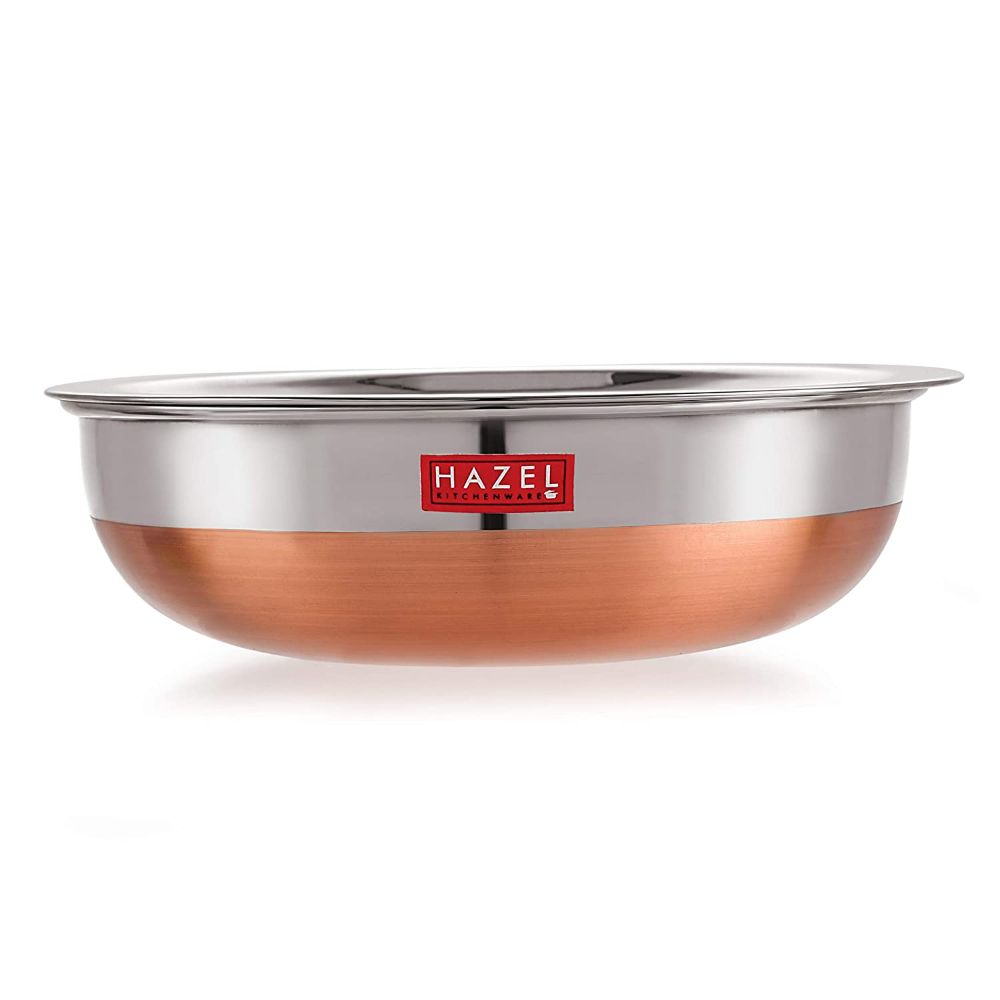 HAZEL Stainless Steel Kadai Without Handle | Copper Bottom Kadai, 1000 ml with I Premium Stainless Steel Vessels Tasra Kadai, Silver and Copper