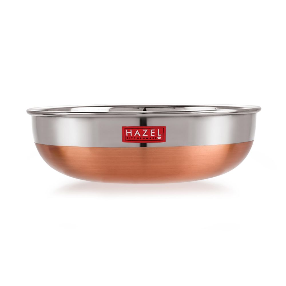 HAZEL Stainless Steel Kadai Without Handle | Copper Bottom Kadai, 1500 ml with I Premium Stainless Steel Vessels Tasra Kadai, Silver and Copper