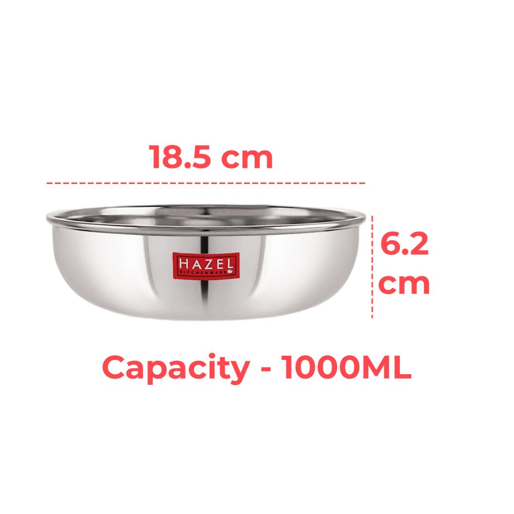 HAZEL Premium Stainless Steel Kadai Without Handle I Heavy Gauge Steel Kadai, 1000 ML I Stainless Steel Cookware & Serveware | Multipurpose Tasra for Daily Use