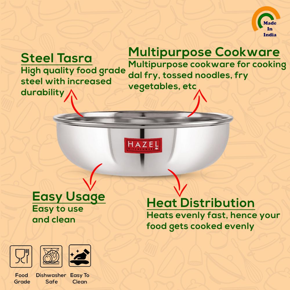 HAZEL Alfa Premium Heavy Gauge Stainless Steel Tasra Kadhai Cookware (1.5 LTR), Silver