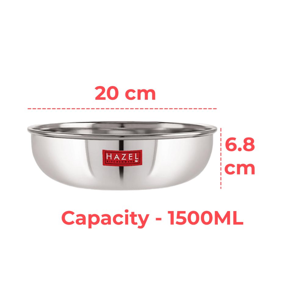 HAZEL Alfa Premium Heavy Gauge Stainless Steel Tasra Kadhai Cookware (1.5 LTR), Silver