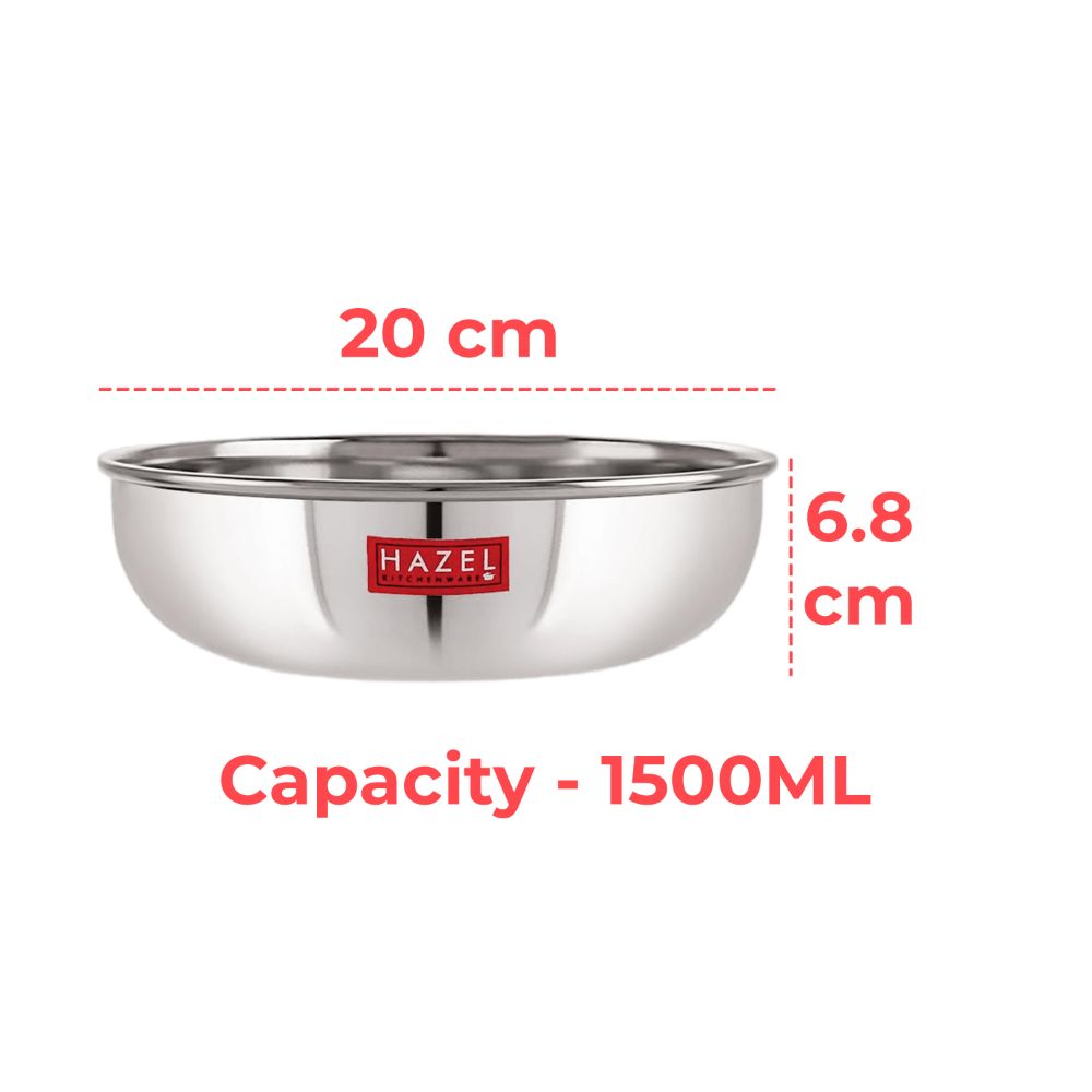 HAZEL Alfa 18 Gauge Premium Stainless Steel Kadai Tasra with Lid, 1500 ml, Silver