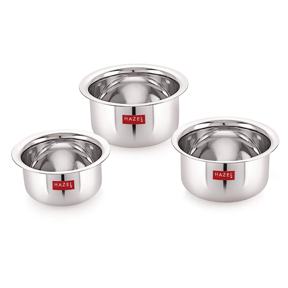 HAZEL Alfa Round Stainless Steel Tope Without Lid, Set of 3, 300, 350 & 800 ml, Silver