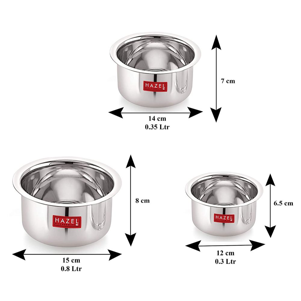 HAZEL Alfa Round Stainless Steel Tope Without Lid, Set of 3, 300, 350 & 800 ml, Silver