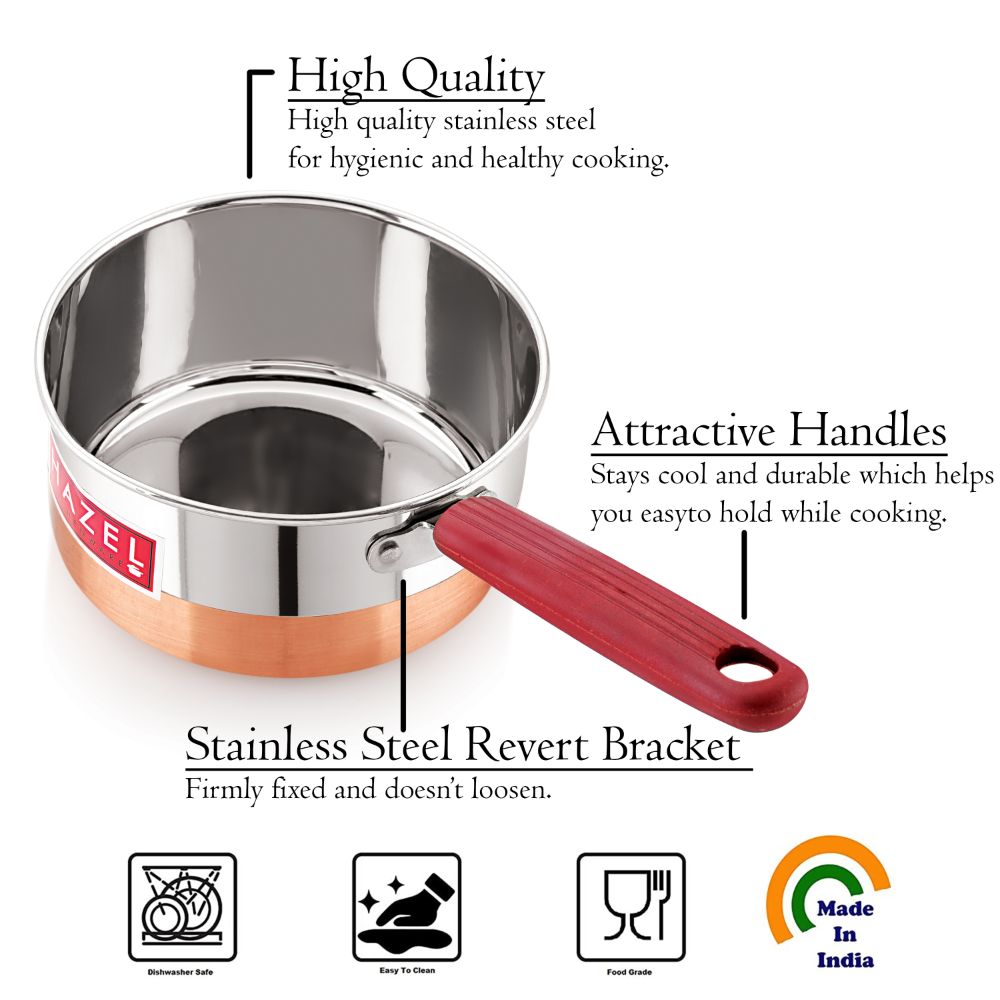 Hazel Alfa Premium Heavy Gauge Stainless Steel Sauce Pan Cookware with Copper Bottom (850 ml), Silver & Copper