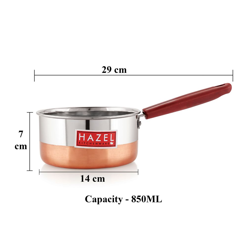 Hazel Alfa Premium Heavy Gauge Stainless Steel Sauce Pan Cookware with Copper Bottom (850 ml), Silver & Copper