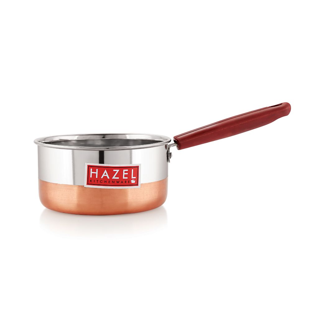 Hazel Alfa Premium Heavy Gauge Stainless Steel Sauce Pan Cookware with Copper Bottom (850 ml), Silver & Copper