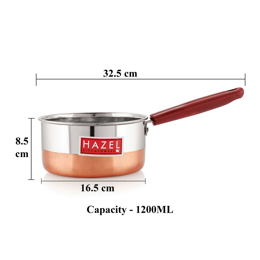 Hazel Alfa Premium Heavy Gauge Stainless Steel Sauce Pan Cookware with Copper Bottom (1.2 LTR), Silver & Copper