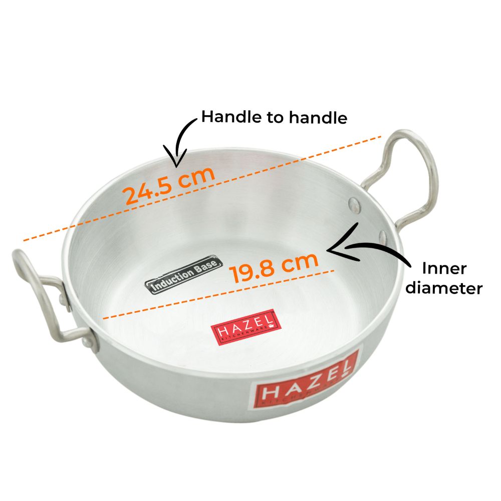 HAZEL Induction Cookware with Handle | Cooking Utensil, 1750 ml with 4 mm Thickness | Multipurpose Aluminium Induction Kadai for Deep Frying and Cooking, Silver