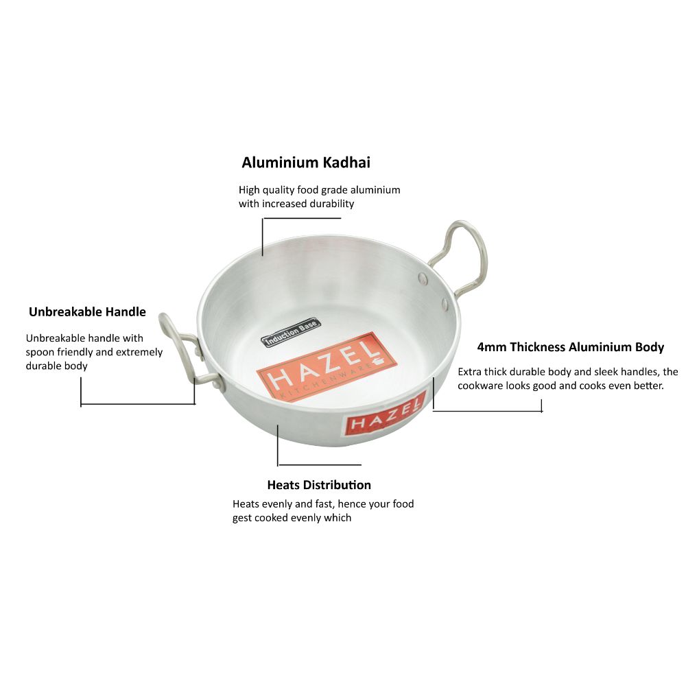 HAZEL Induction Cookware with Handle | Cooking Utensil, 3000 ml with 4 mm Thickness | Multipurpose Aluminium Induction Kadai for Deep Frying and Cooking, Silver
