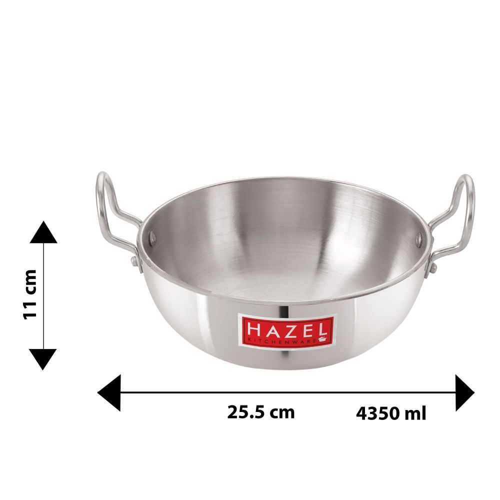 HAZEL 4mm Aluminium Kadhai with Handle | Aluminium Kadai Big Size , 3500 ml, Silver