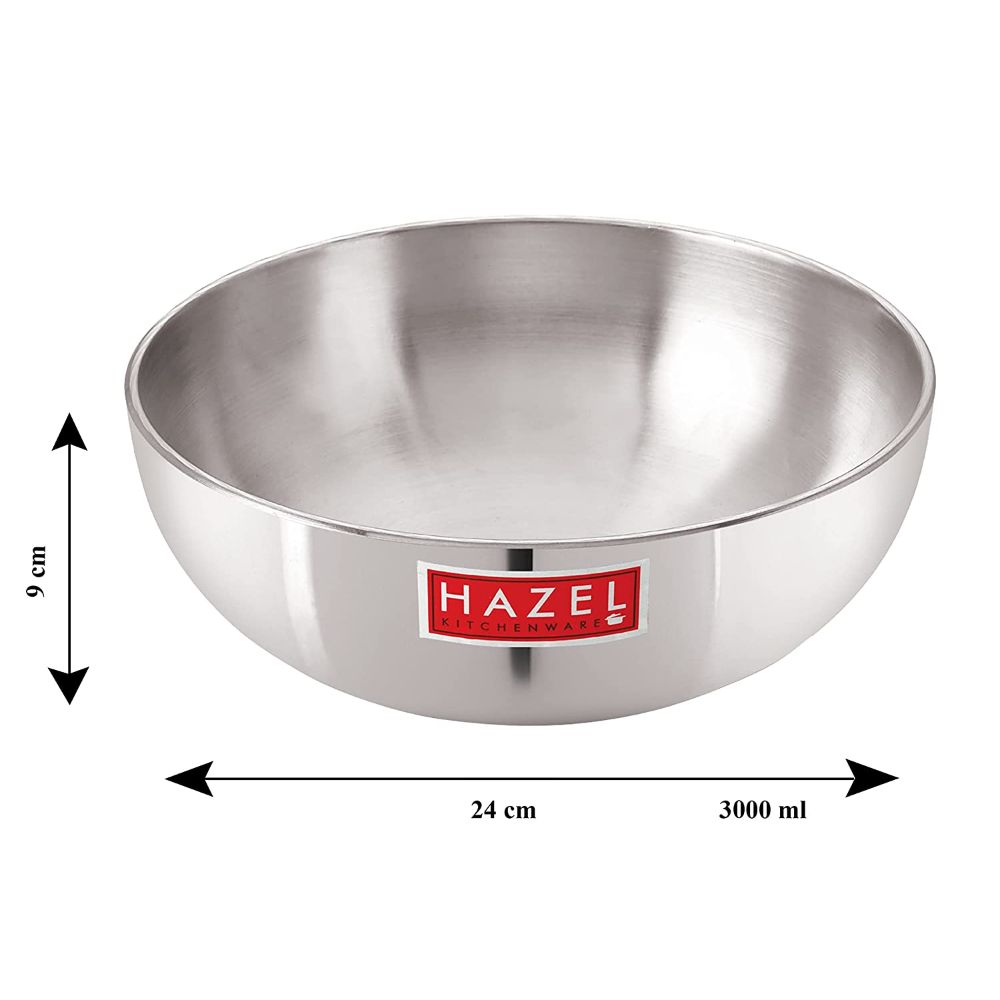 HAZEL Aluminium Kadai Without Handle | Tasla Kadhai, 3000 ml with 4 mm Thickness and Round Bottom | Multipurpose Food-Grade Aluminium Heavy Bottom Cookware