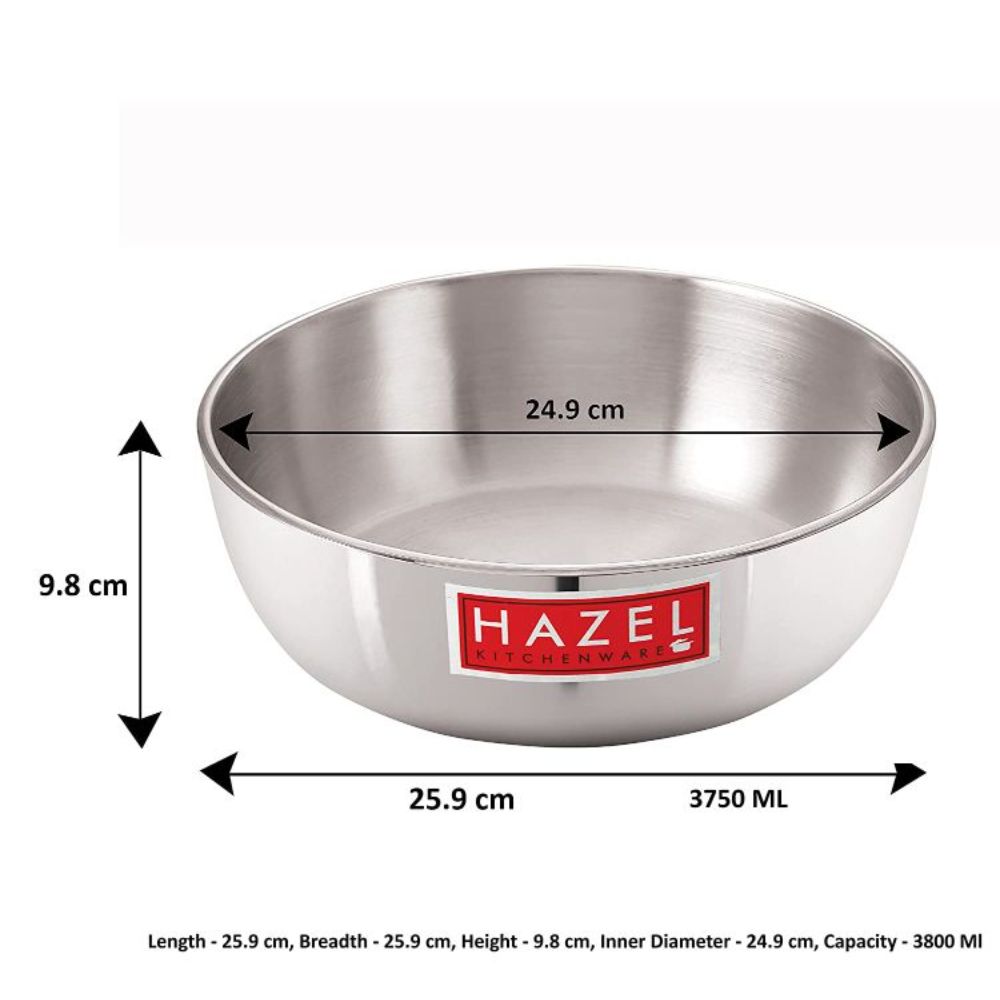 HAZEL Aluminium Kadai Without Handle | Induction Base Tasla Kadhai, 3750 ml with 4 mm Thickness and Round Bottom | Multipurpose Food-Grade Aluminium Heavy Bottom Cookware