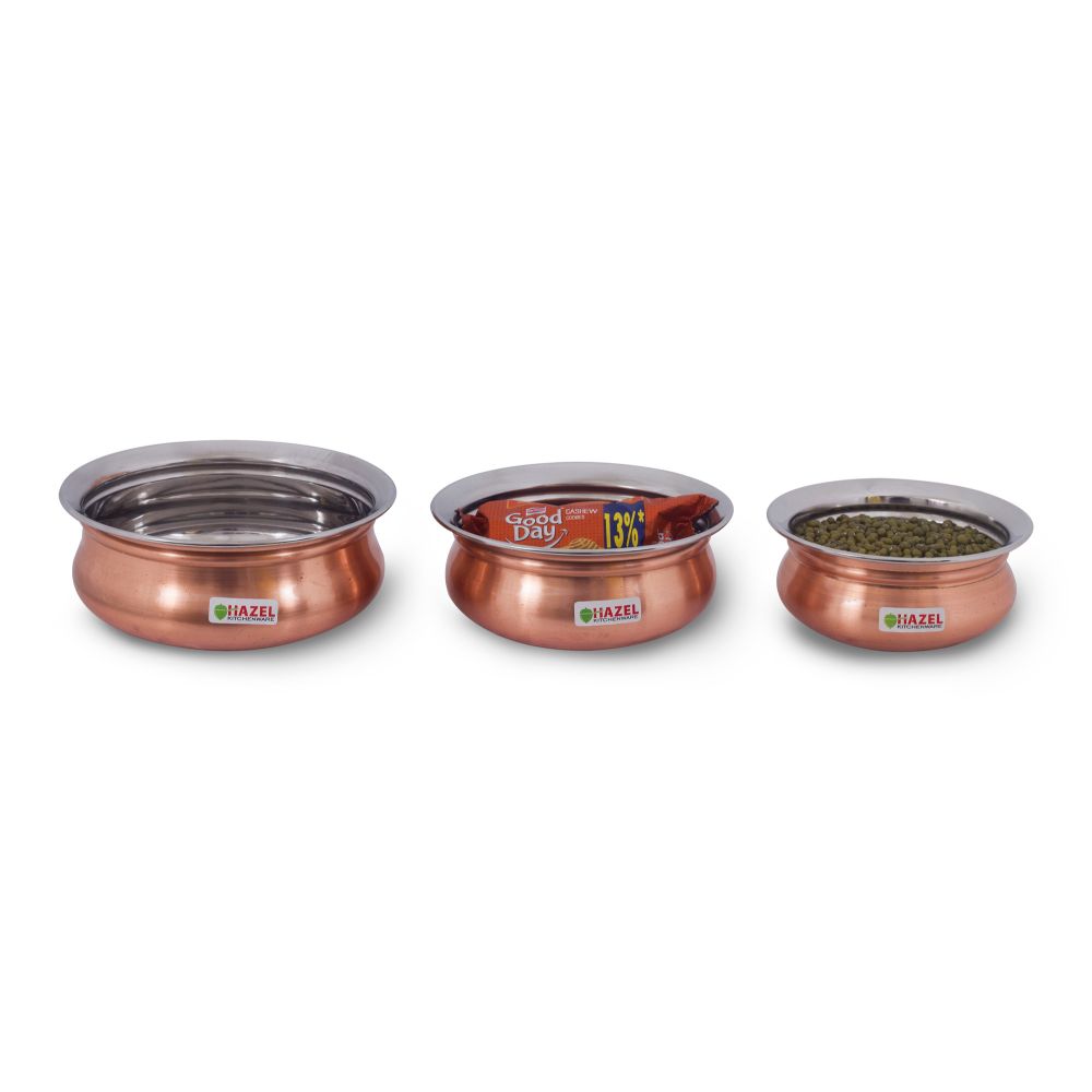 Hazel Stainless Steel Copper Mini Handis Set of 3 (400 ml, 550 ml, 770 ml), Silver & Copper