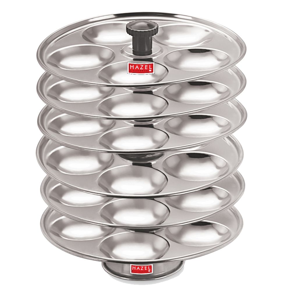 HAZEL Stainless Steel Medium Idli Plate with Stand, 6-Rack Plates, 30 Idlis, 13.5 x 13.5 x 17 cm, Silver