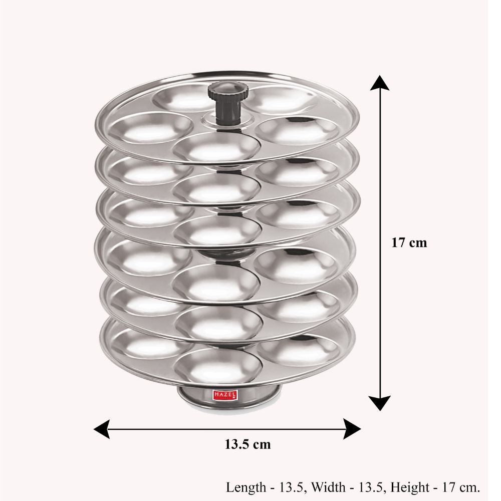 HAZEL Stainless Steel Medium Idli Plate with Stand, 6-Rack Plates, 30 Idlis, 13.5 x 13.5 x 17 cm, Silver