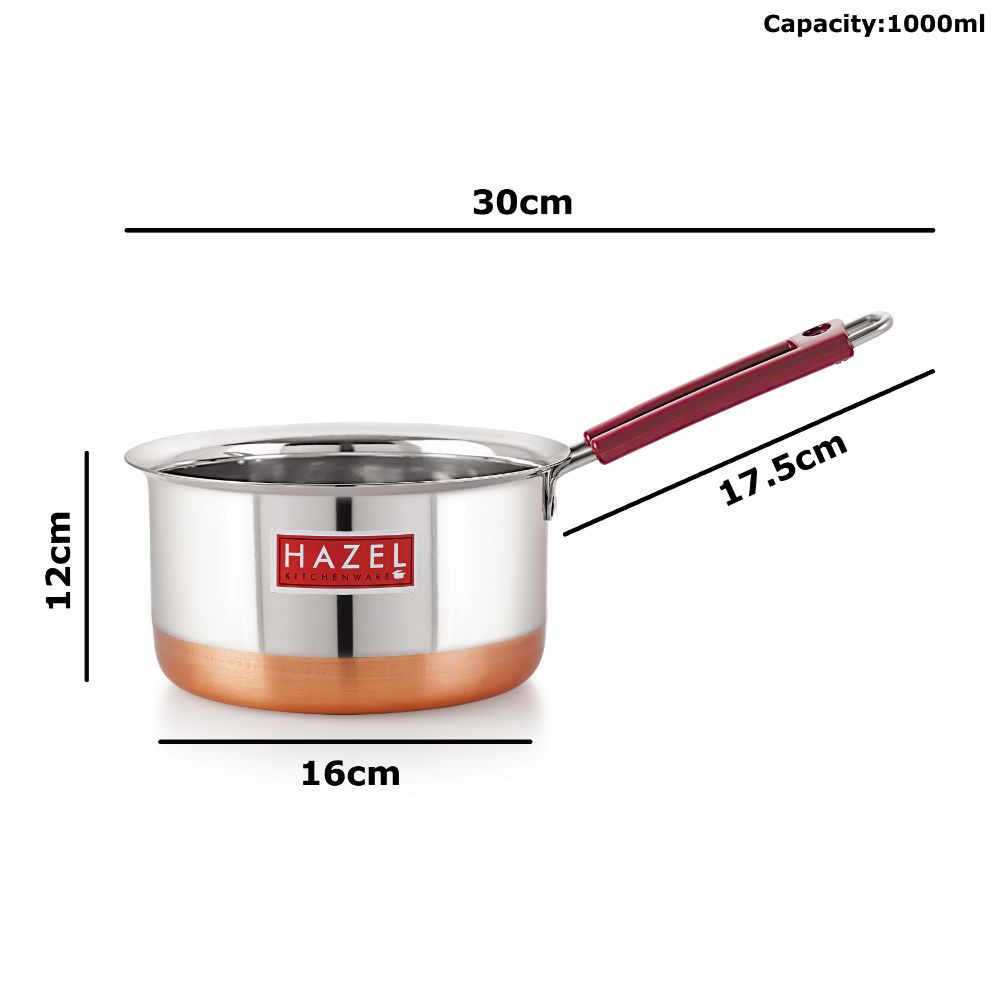 HAZEL Stainless Steel Milk Saucepan Copper Bottom Tea Pan with Fixed Rubber Grip Handle, 1000 ML, Silver