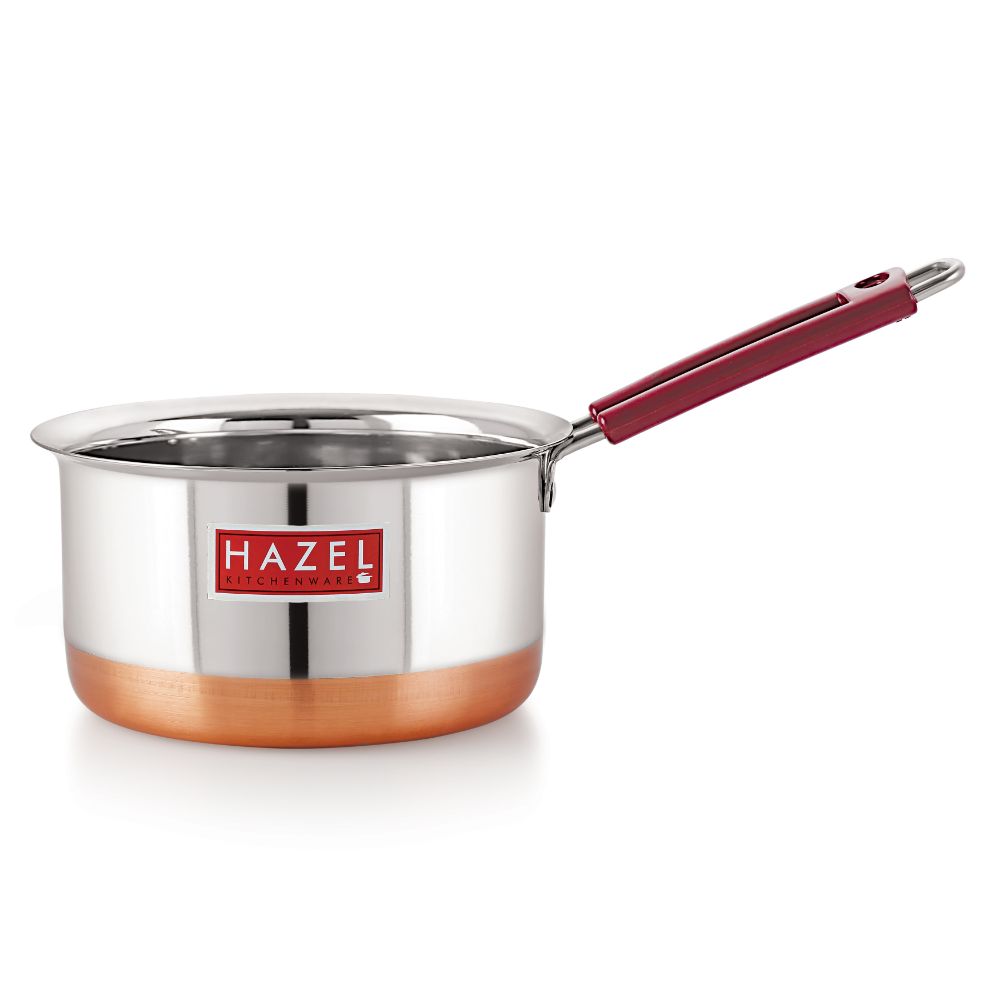 HAZEL Stainless Steel Milk Saucepan Copper Bottom Tea Pan with Fixed Rubber Grip Handle, 1300 ML, Silver