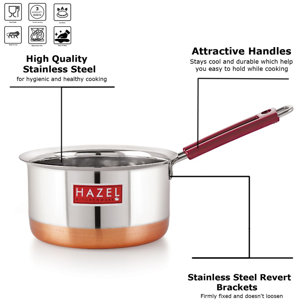 HAZEL Stainless Steel Milk Saucepan Copper Bottom Tea Pan with Fixed Rubber Grip Handle, 1300 ML, Silver