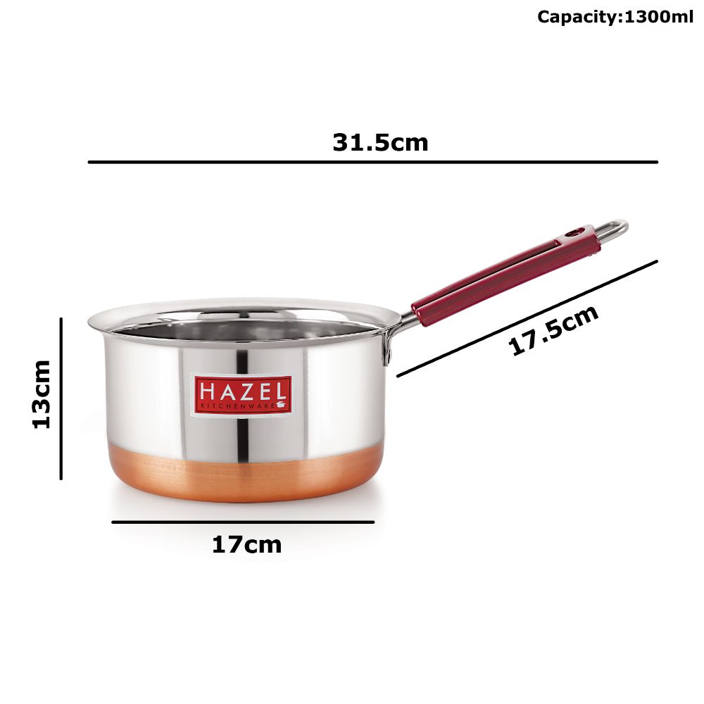 HAZEL Stainless Steel Milk Saucepan Copper Bottom Tea Pan with Fixed Rubber Grip Handle, 1300 ML, Silver