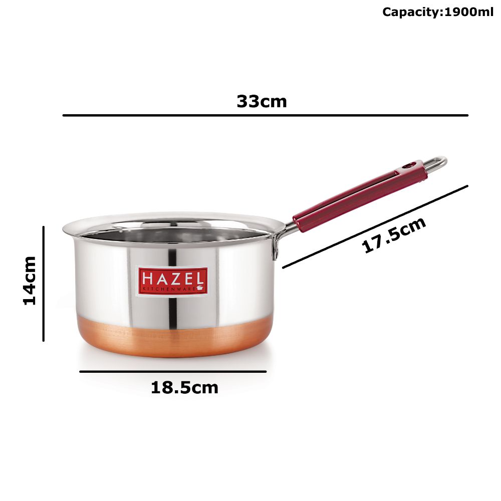 HAZEL Stainless Steel Milk Saucepan Copper Bottom Tea Pan with Fixed Rubber Grip Handle, 1900 ML, Silver