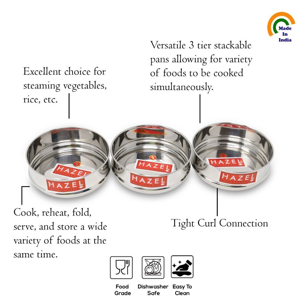 HAZEL Alfa Stainless Steel Stackable Seperator, Cooker Dabba For 8 Ltr Pressure Cooker - 16.5 Cm, Set Of 3, 8 Liter