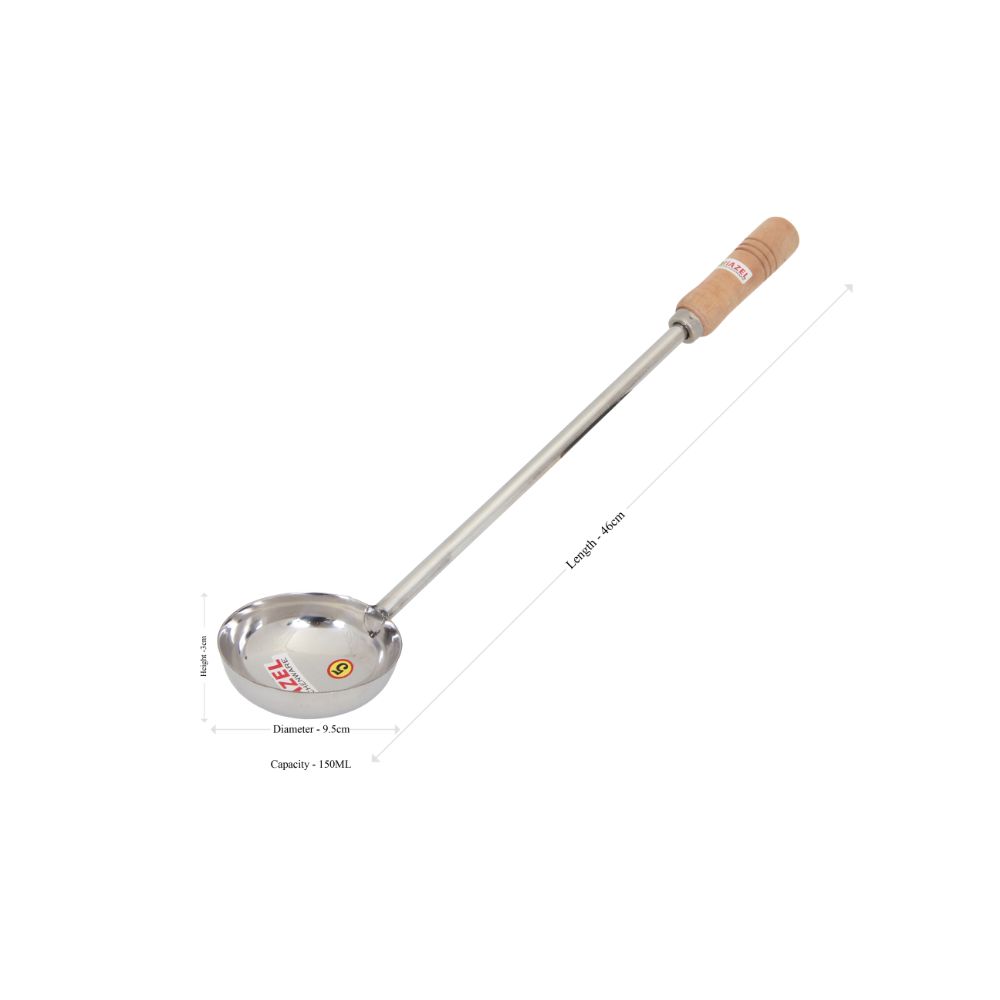 HAZEL Steel Tadka Pan with Long Wooden Handle, 46 cm, 150 ml, Silver
